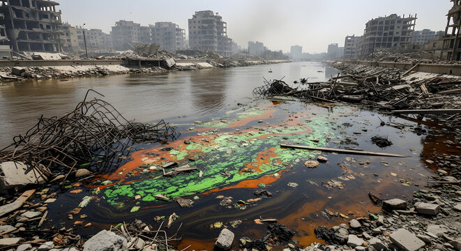 A river tainted by vibrant green and orange pollutants flows through a war-torn urban landscape, showcasing the devastating environmental and architectural aftermath of conflict and destruction