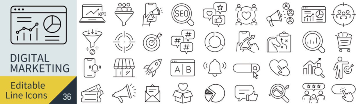 線の編集ができるデジタルマーケティングに関するアイコンセット（アウトライン化していない）

