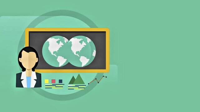 Animated female professor standing beside a blackboard with world maps and statistical charts symbolizing geography education and climate study.