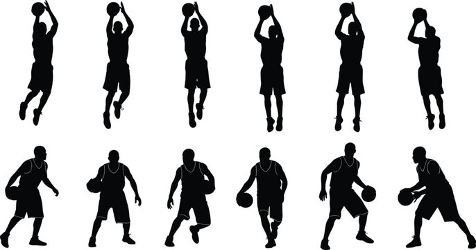 Black silhouette collection of basketball players featuring various poses like shooting, dribbling, jumping, and defending isolated on a white background