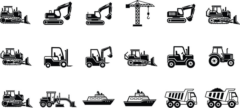 Black Vector Icon Set of Heavy Construction Machinery Including Excavators Bulldozers Cranes Forklifts Dump Trucks and Tractors for Industrial Building Site and Engineering Project Illustrations