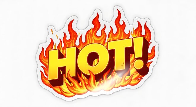 A bright yellow three dimensional text sign with the word hot surrounded by stylized flames illustration