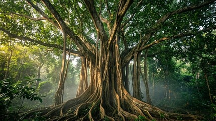 Fototapeta premium Majestic ancient banyan tree with massive hanging roots in a lush tropical jungle, sunlight filtering through green leaves
