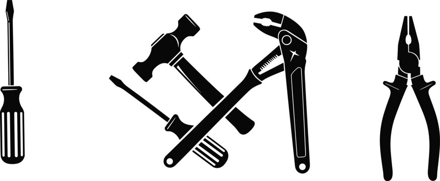 Black, tool, silhouettes, set, featuring, hammer, screwdrivers, adjustable, wrench, and, pliers, isolated, on, white, background, for, repair, construction, and, maintenance.