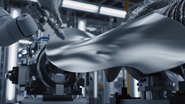 Shiny metal object receiving protective coating in industrial factory