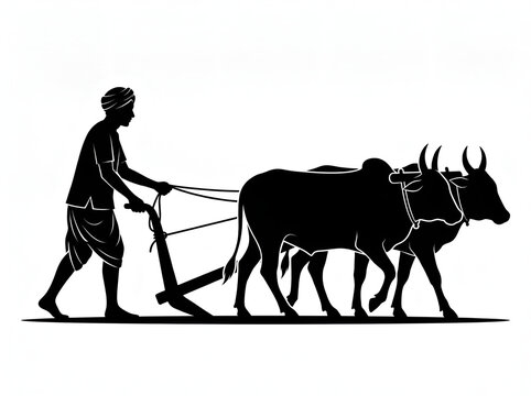 indian rural agriculture scene farmer with oxen plowing field silhouette vector