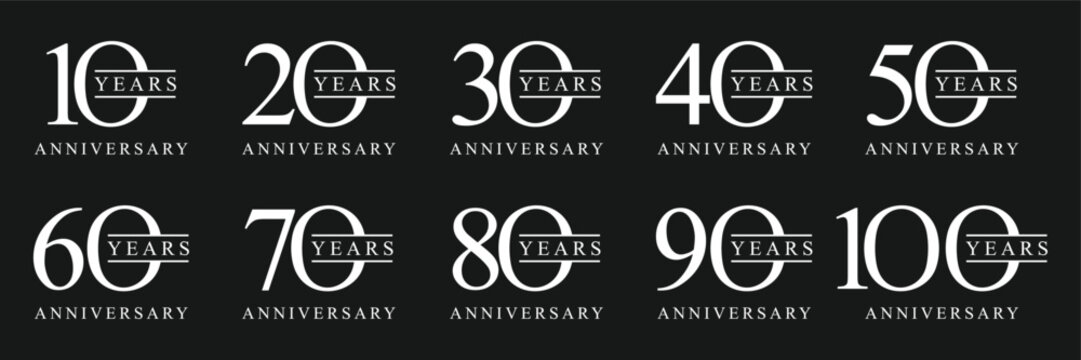 Set of 10 to 100 anniversary logo design. years celebration 10 to 100 logo icon vector collection. elegant luxury symbol concept.
