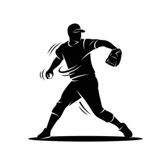 Naklejka premium Baseball Pitcher Throw Action Black and White Silhouette – Dynamic Pitching Motion Vector Isolated