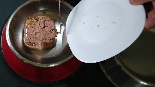 Detailed close-up of hands cutting dog p&acirc;t&eacute; in a bowl, ideal for pet feeding tutorials, pet care content, lifestyle videos, and social media clips.