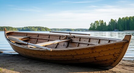 Obraz premium A traditional wooden rowboat rests peacefully on the sandy shore near a calm scenic lake illustration