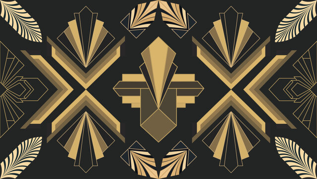 Classic 1920s Luxury Art Deco Seamless Pattern with Gold Geometric Fan Motifs on Black Background Vector