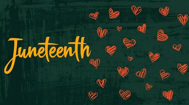 Juneteenth - lettering on background with painted hearts in red, green and yellow colors. Modern calligraphy handlettering. Freedom Day concept.