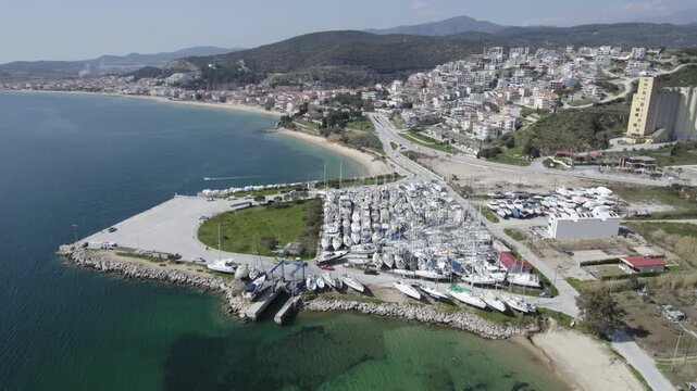 Aerial View of Naa Peramos Kavala Greece, Boatyard Marina with Vessels Stored for Maintenance