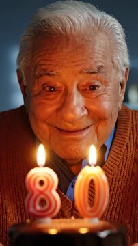 Happy Senior Man Celebrating 80th Birthday with Lit Candles on Cake for Retirement and Longevity Concepts. Vertical. Video. Portrait Orientation.