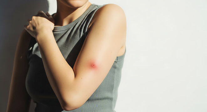 Woman with insect bite swelling on arm posing against white background  