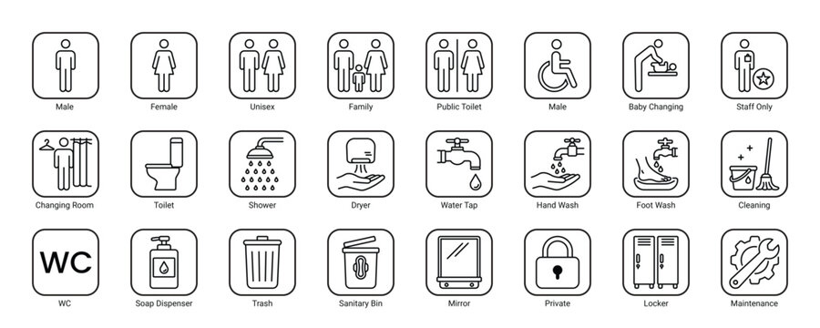 public facility service line icon set restroom male female toilet shower cleaning vector illustration