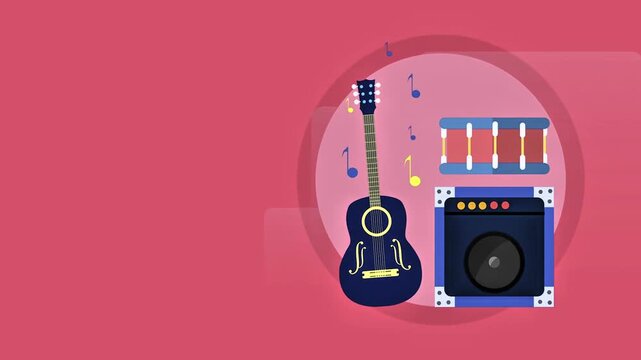 Flat design animation of an acoustic guitar with drums and speaker icons surrounded by musical notes symbolizing arts and music performance.