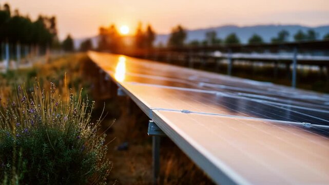 Sunset Over Solar Panels: A Tranquil Scene of Renewable Energy Captured in Two Frames Highlighting the Glimmering Reflection of the Setting Sun