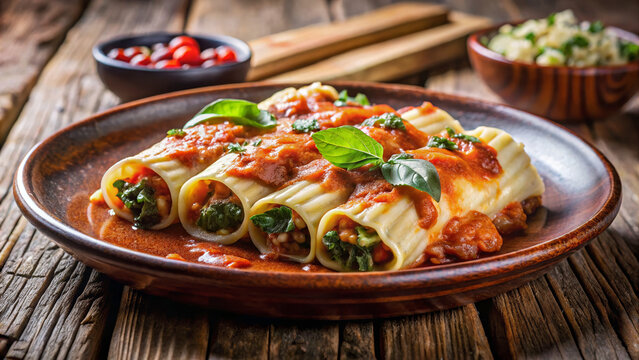 Delicious manicotti portion served on rustic clay plate, filled with creamy ricotta and fresh spinach, covered in rich tomato sauce and vibrant basil.