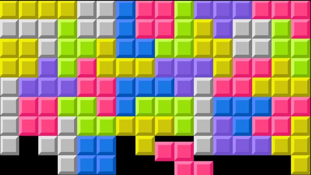 Vertical retro tetris game falling blocks transition overlay. Colorful 8-bit brick puzzle wipe reveal stinger and video editing effect animation. Nostalgic vintage video game motion graphic template