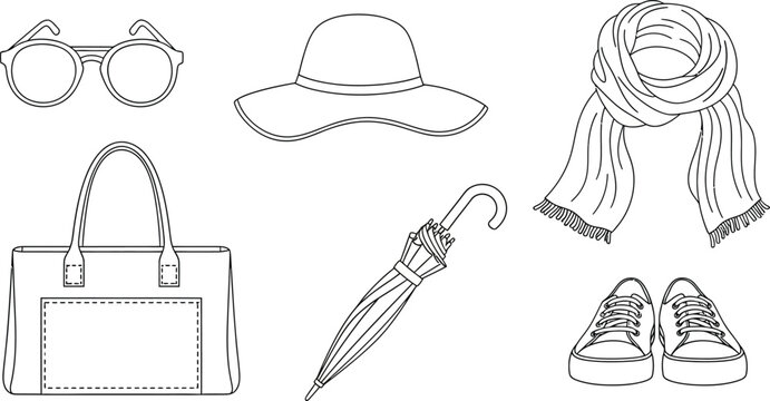 Set of minimalist line art fashion accessories perfect for seasonal style guides shopping concepts or personal wardrobe illustrations isolated on white