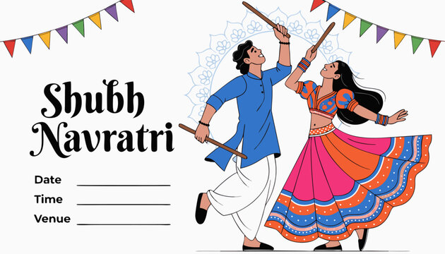 Indian Couple Performing Dandiya Raas for Shubh Navratri Festival Celebration Banner.eps