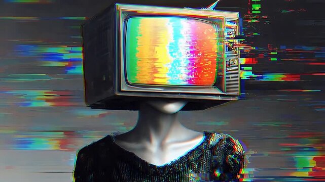 Glitch Art of Person with Vintage TV Head Displaying Colorful Static Screen