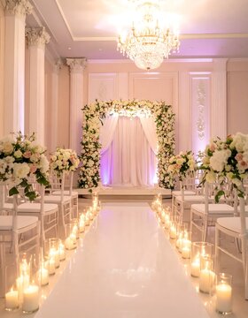 Elegant wedding aisle with floral arrangements and candles