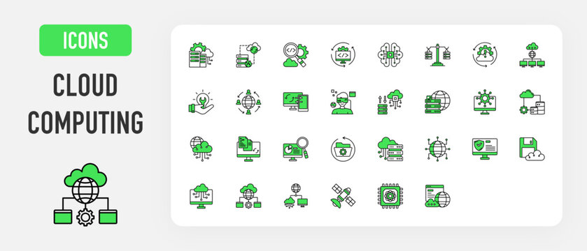 Cloud Computing icon. Data Center, Disaster Recovery, Devops, Integration, Machine Learning, Load Balancer, Problem, Infrastructure, Provider, Migration, Data Synchronization, Virtualization vector. 