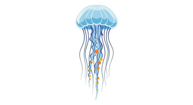 Blue Jellyfish With Colorful Tentacles Swimming.