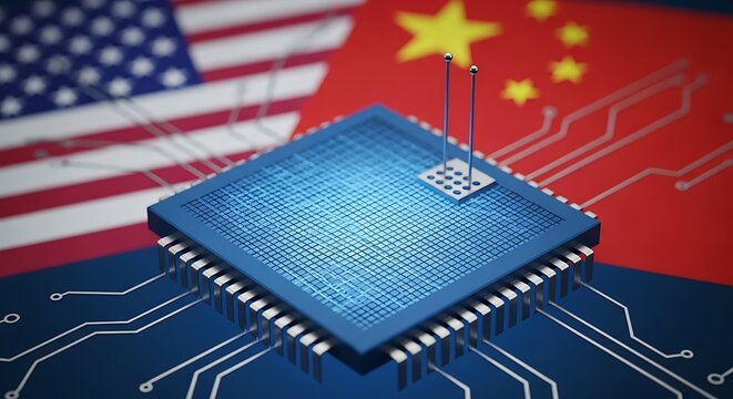 Microchip on circuit board with usa and china flags in background symbolizing tech trade