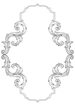 Ornate Baroque Border Frame in Vintage Victorian Style, Elegant Black and White Filigree Floral Ornament for Wedding Invitation, Luxury Decorative Antique Swirl Frame Isolated on White