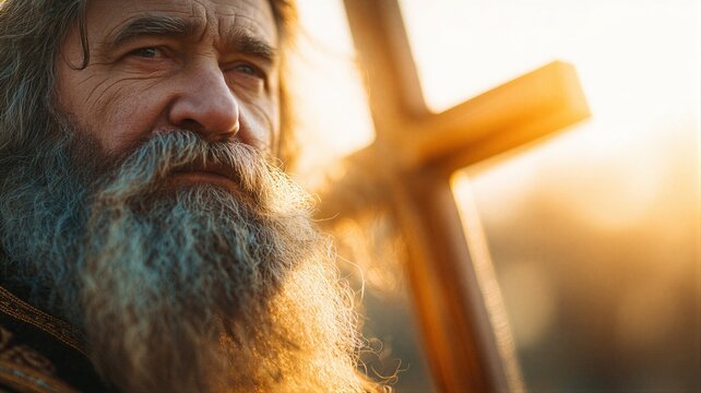 Bearded man standing by wooden cross during sunset. Orthodox priest or monk in reflective pose. Christian spirituality, religious devotion, faith, Easter holiday and worship concept.