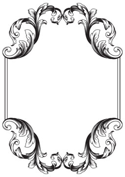Ornate Baroque Border Frame in Vintage Victorian Style, Elegant Black and White Filigree Floral Ornament for Wedding Invitation, Luxury Decorative Antique Swirl Frame Isolated on White