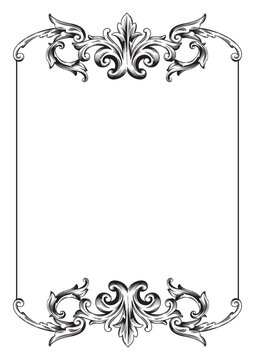 Ornate Baroque Border Frame in Vintage Victorian Style, Elegant Black and White Filigree Floral Ornament for Wedding Invitation, Luxury Decorative Antique Swirl Frame Isolated on White