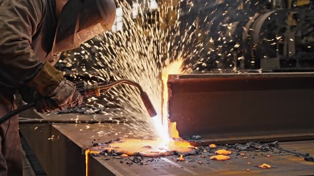 Cinematic industrial footage of a construction worker cutting a thick steel structure with a powerful oxy fuel torch The bright flame melts the metal surface while sparks burst outward and molten meta