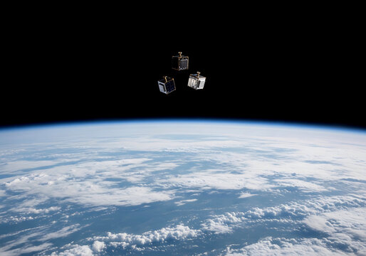 A trio of small satellite units in low earth orbit floating above the planet in deep space