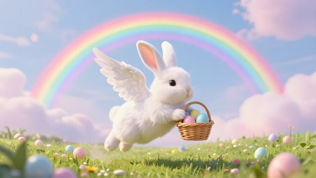 Happy Easter 3D Bunny with Wings Holding Egg Basket under a Pastel Rainbow