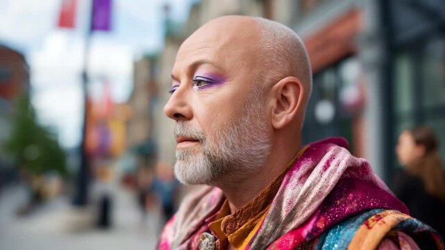 A charismatic performer with striking makeup and colorful attire stands confidently on a vibrant city street, showcasing artistry and individuality in a lively atmosphere.