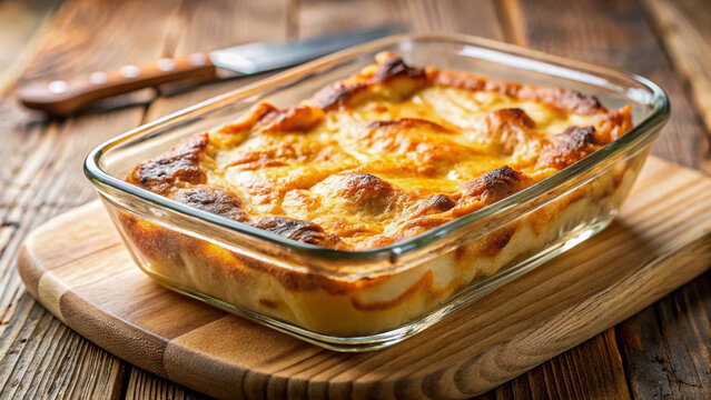 Golden brown baked provoleta in glass baking dish, presented on natural wooden board, perfect for sharing. Baked provoleta prepared with melted cheese, olive oil, and herbs.