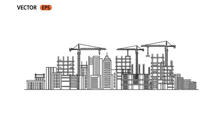 Naklejka premium Construction site sketch featuring cranes and buildings under development, urban landscape.