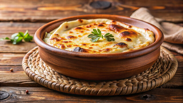 Authentic provoleta baked golden in rustic clay bowl. Warm provoleta sits on woven mat, garnished with herb, ready for dining. Tempting provoleta image for restaurant menu, recipe blog, food ad.