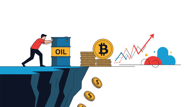Man pushing oil barrel off economic cliff representing market volatility and transition from traditional energy to digital currency.