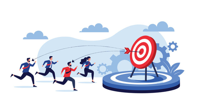 Competitive business team running towards giant bullseye target on podium to achieve high performance sales goals and success.
