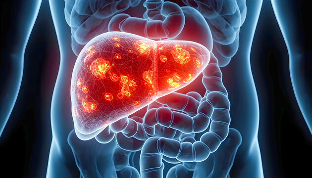 Gallbladder Stones Concept, Glowing Yellow and Red Inflammation with Stone Formations, Digestive System Medical Illustration, Realistic Anatomy 8K No Face Poster