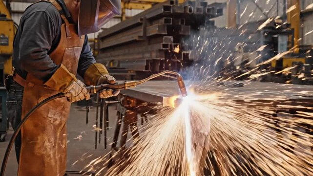 Professional metal cutting operation where a worker wearing welding helmet and heavy duty protective gear slices a large steel plate using a torch cutter The cutting flame produces glowing molten meta