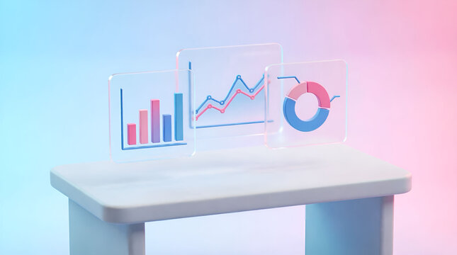 Empty Office AI Automation
 Empty desk with floating holographic screens and charts. 3D low poly illustration of workplace automation and AI-driven business analytics.
