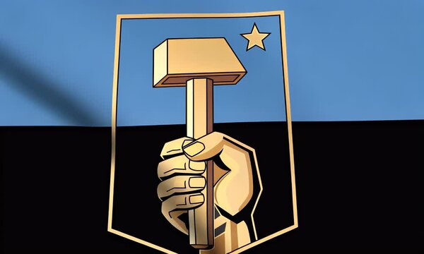 A hand holding a hammer surrounded by a shield with a star on a blue and black background