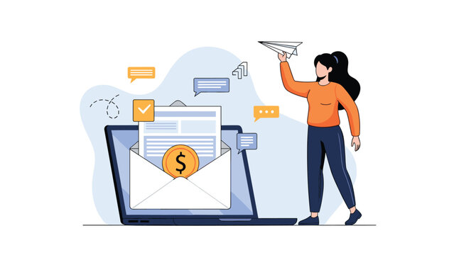 Young woman sending financial documents or salary payments through digital email system shown as an envelope with a large gold dollar coin.
