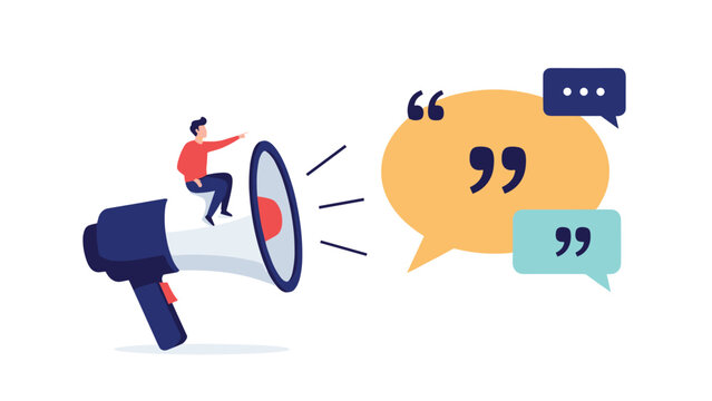 Public speaking and communication marketing concept featuring a man on a megaphone announcing quotes and ideas.